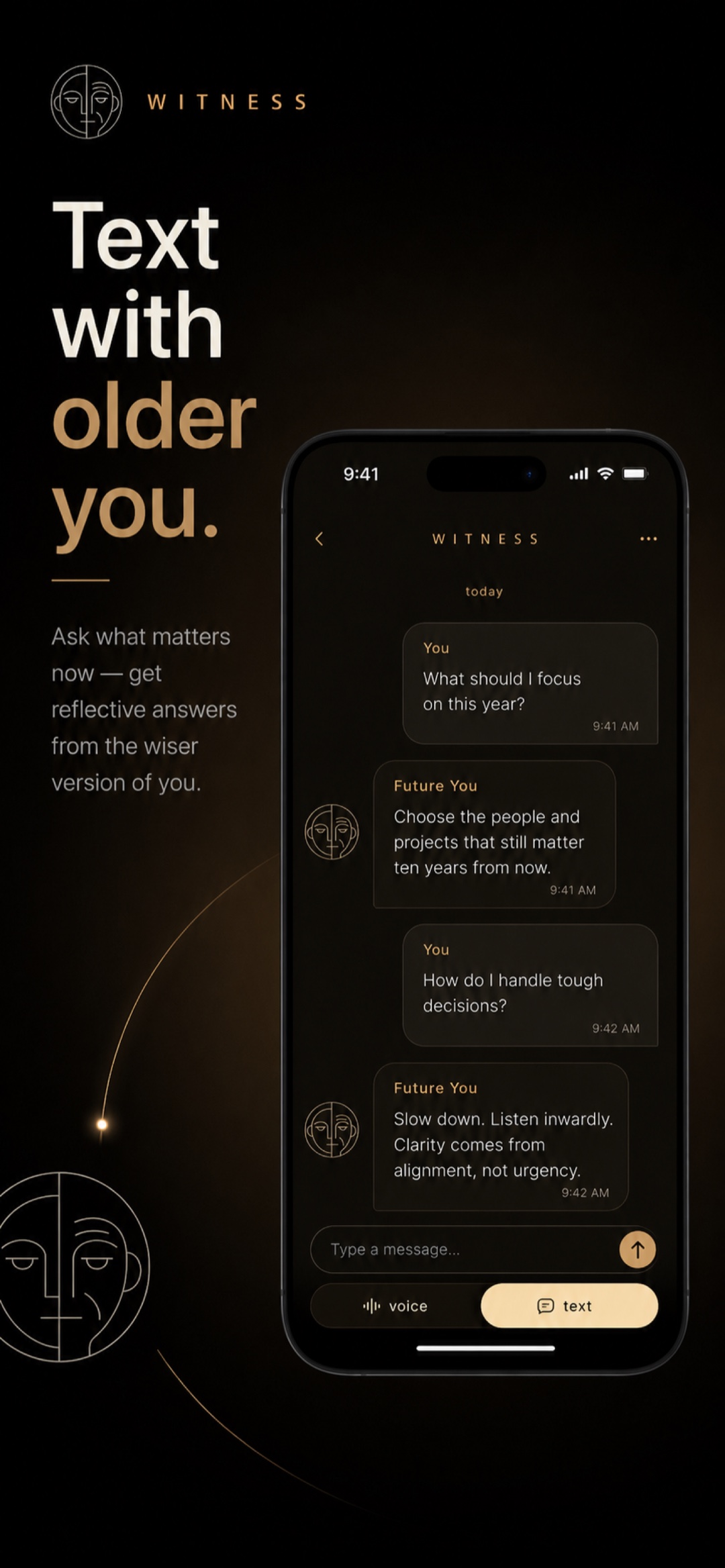 Witness chat screen showing a text conversation with your future self.